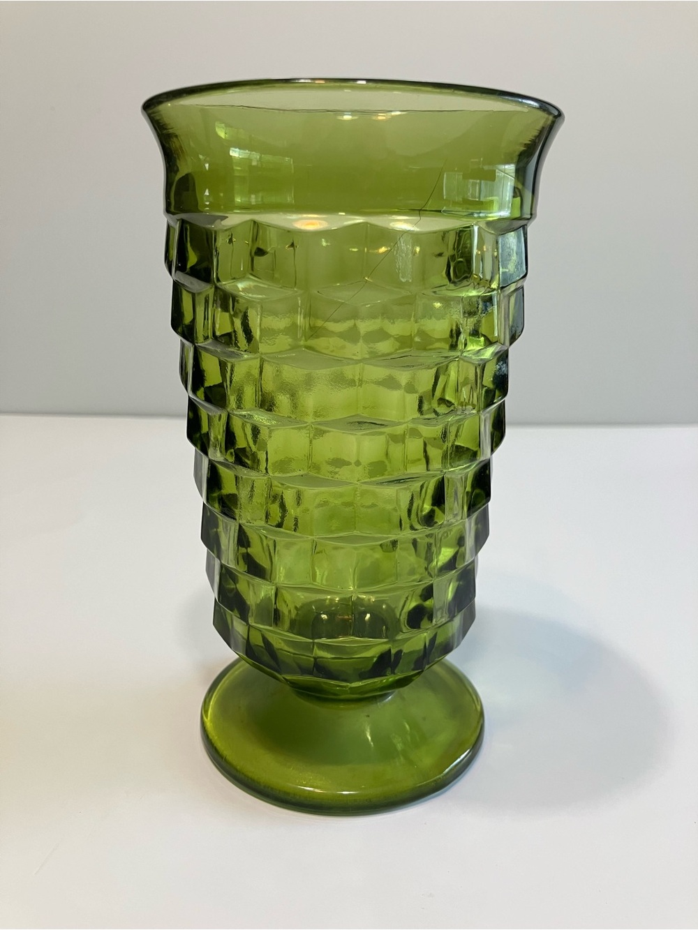 Indiana Glass Whitehall Avocado Green Cubist 6" Vintage Tumbler Pedestal